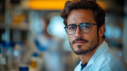 Obraz premium Focused male scientist in lab coat embodies dedication to scientific discovery.