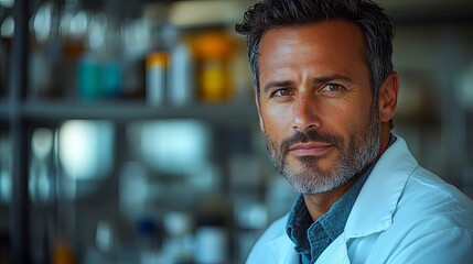 Obraz premium Focused male scientist in lab coat embodies dedication to scientific discovery.