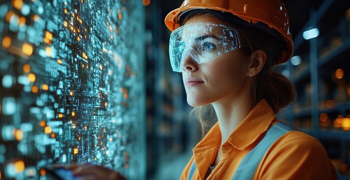 Warehouse Manager Monitoring Logistics with Tablet in Industrial Setting and Digital Interface