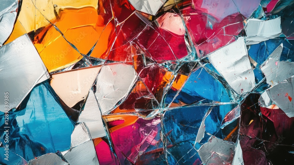 Poster a fractured mirror reveals fragmented reflections, with vibrant colors bleeding through the cracks, 