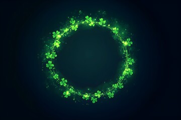 Obraz premium Glowing green shamrock wreath on dark background. St. Patrick's Day circular frame with sparkling clovers. Irish holiday festive design with copy space for text.