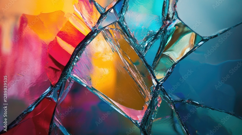 Poster a fractured mirror reveals fragmented reflections, with vibrant colors bleeding through the cracks, 