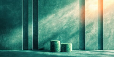 Minimalist Abstract Composition with Green Cylinders and Striped Background for Product Presentation and Branding