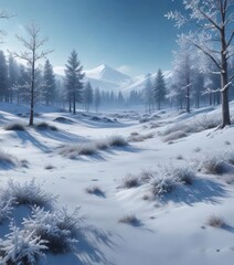 Obraz premium Snowflakes gently fall on a serene blue winter landscape, landscape, serene