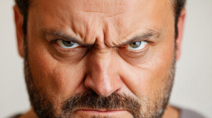 Fototapeta premium Intense close up of angry man with furrowed brows and piercing eyes, expressing strong emotions