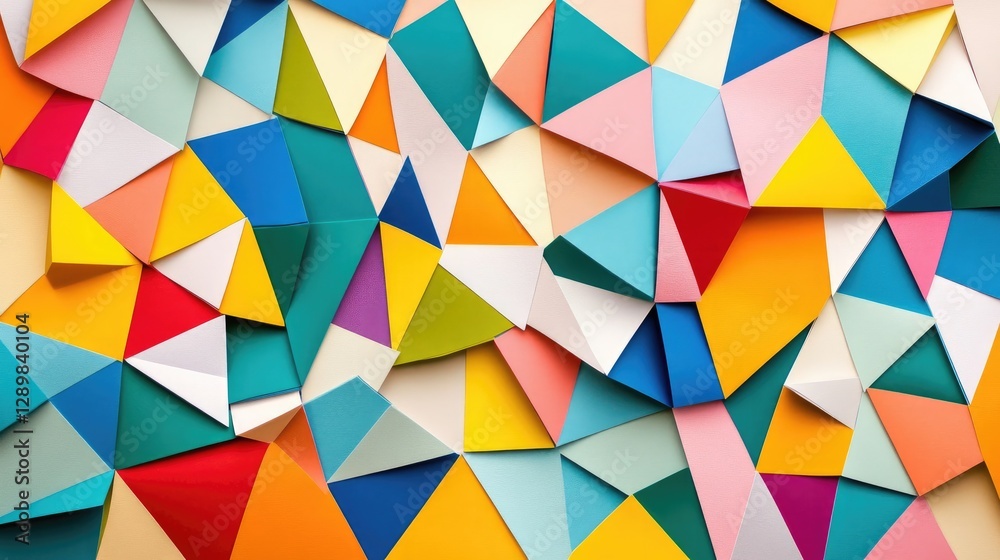 Poster a geometric pattern made of colorful paper cutouts, arranged in a creative and visually engaging way