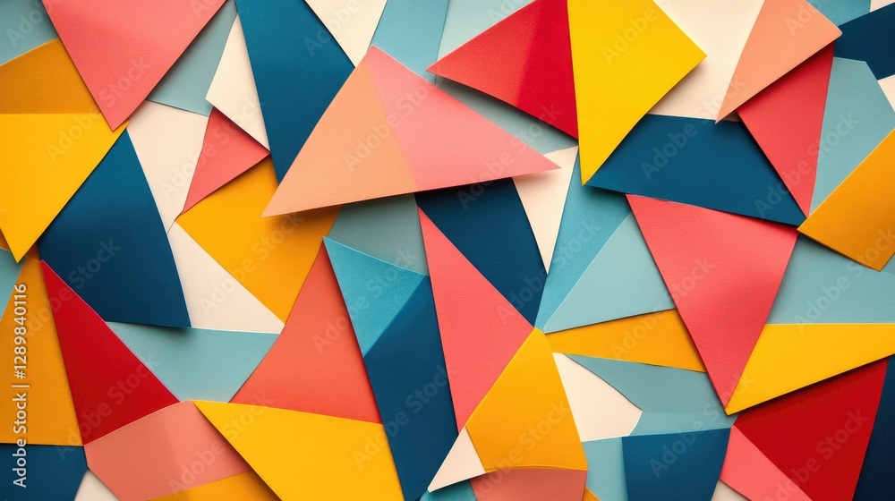Poster a geometric pattern made of colorful paper cutouts, arranged in a creative and visually engaging way