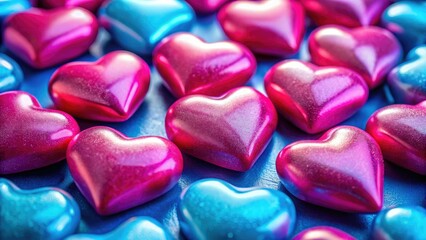 Obraz premium Romantic Valentine's dessert photography: pink hearts, candy, sweet treats against a blue backdrop.