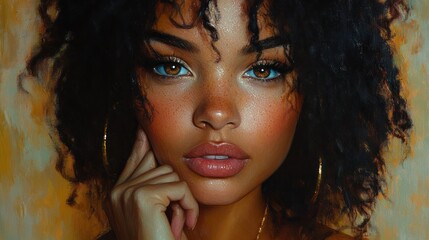 Closeup portrait of a beautiful young woman with soft lighting on her lips and skin, glamorous makeup, and elegant nails