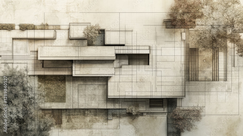 Poster a graphic design mockup of an architectural blueprint, complete with overlay effects to enhance the 