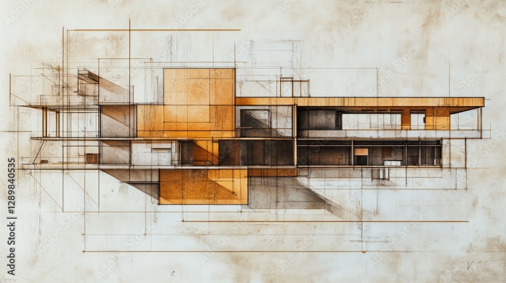 Poster a graphic design mockup of an architectural blueprint, complete with overlay effects to enhance the 