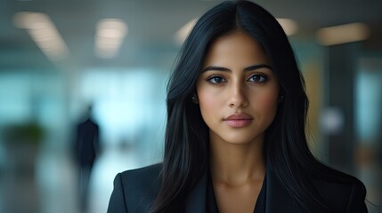 Naklejka premium Confident businesswoman portrait, office background, career success