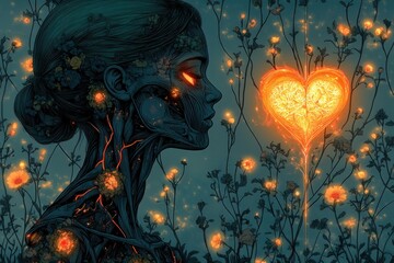 Anatomical Illustration of Human Heart in 3D with Male Body Contours in Art Nouveau Style