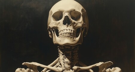 Detailed Anatomical Illustration of Human Skeleton with Frontal View and Dramatic Chiaroscuro Lighting in Classical Style