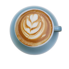 Cappuccino coffee in light blue ceramic cup, cream leaf pattern, top view