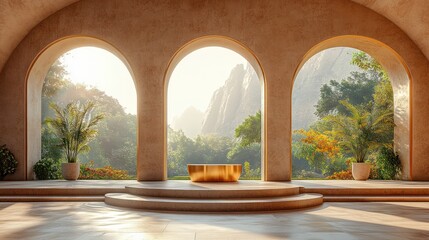 Fototapeta premium Elegant Minimalist Interior Scene with Arched Windows and Marble Pedestal for Beauty Product Presentation