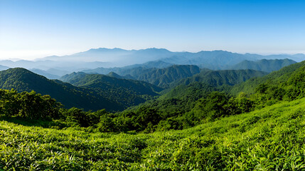 Obraz premium Panoramic View of Lush Green Mountains under a Bright Blue Sky