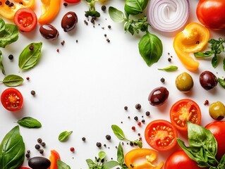 Fresh Vegetables and Herbs Frame with Tomatoes, Olives, Onions, Peppers and Basil on White Background for Culinary and Healthy Eating Concept