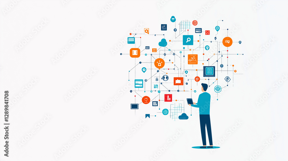 Canvas Prints connected world: man interacting with a network of digital icons, representing the interconnectednes