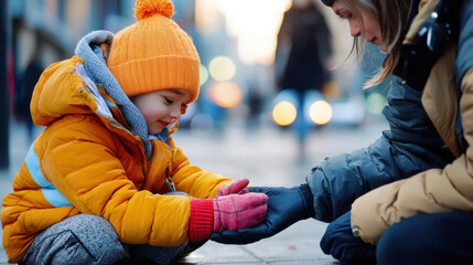 Fototapeta premium joyful moment of child and adult sharing warmth on chilly day