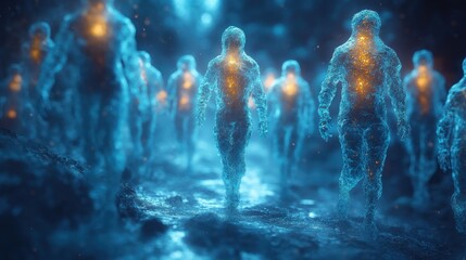 Close-up Illustration of Bacteria Colony Microscopic Interactions in Soft Blue Light