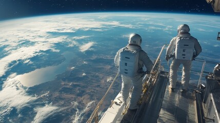 Astronauts on Spacecraft Observing Earth from Low Orbit View