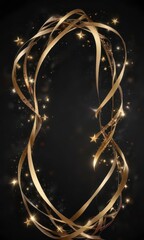 Swirl ribbons with stars on black background with a festive holiday theme,  Holiday decorations,  Holiday colors