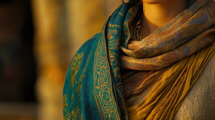 Elegant Woman Wearing Beautiful Multicolored Scarf in Soft Light