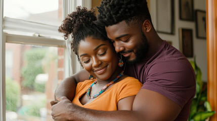 Fototapeta premium couple embracing in moment of love, soft lighting creates warm atmosphere