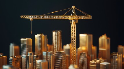 A luxury cityscape miniature with golden skyscrapers and a construction crane, set against a black backdrop, representing high ambition and modern elegance.