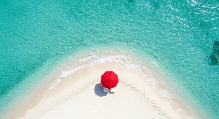 Aerial view, Red umbrella contrasts turquoise water - Serenity and escape - Travel promotional material