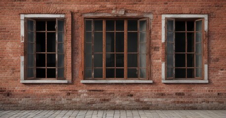 Vintage red brick wall with old window frames and rusty iron details ,  ornate,  architecture