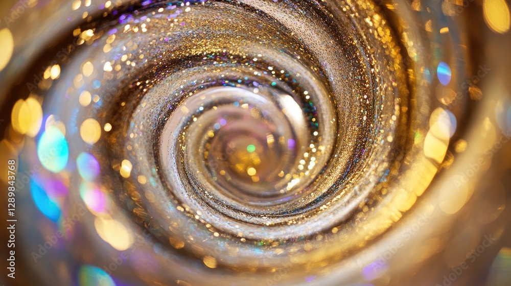 Poster a mesmerizing swirl of iridescent gold glitter inside a transparent glass vase, adding a glamorous a