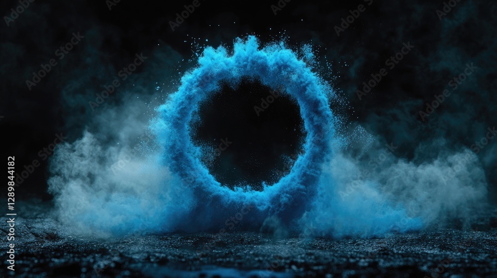 Poster a minimalist abstract composition of vibrant blue powder forming a ring against a dark backdrop, cre