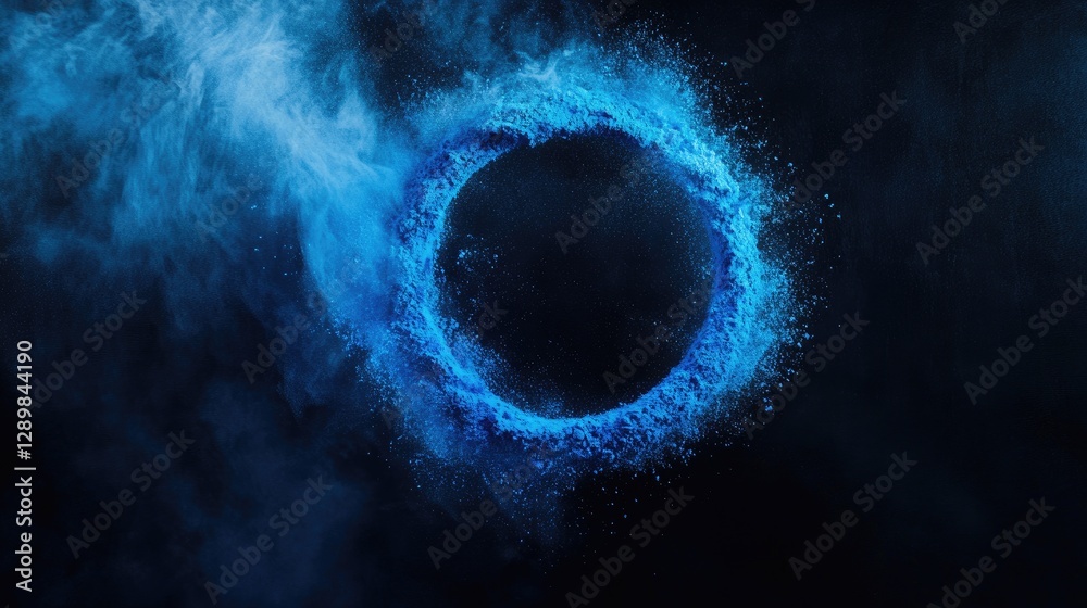 Poster a minimalist abstract composition of vibrant blue powder forming a ring against a dark backdrop, cre