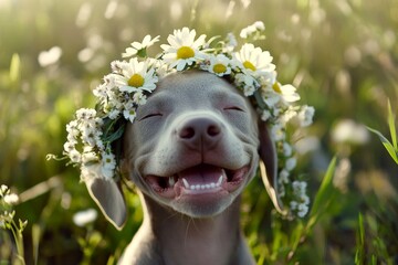 Vacation time happiness. Morning rays. Cute baby dog weimaraner wearing savage flower circlet on...