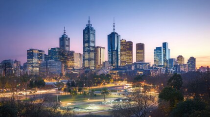 Obraz premium Melbourne City Skyline at Dusk: A Breathtaking Panoramic View