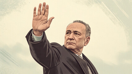 Stern and authoritative cartoon figure of a man with a hand up in a stopping signal, isolated against a neutral background. Perfect for visuals needing to express 'stop', 'no', or 'denied' in a clear,