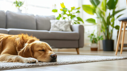 cozy living room with dog resting on plush rug, surrounded by plants and comfortable sofa