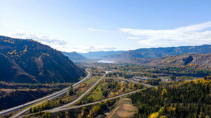 Autumnal Mountain Valley Landscape with Highway