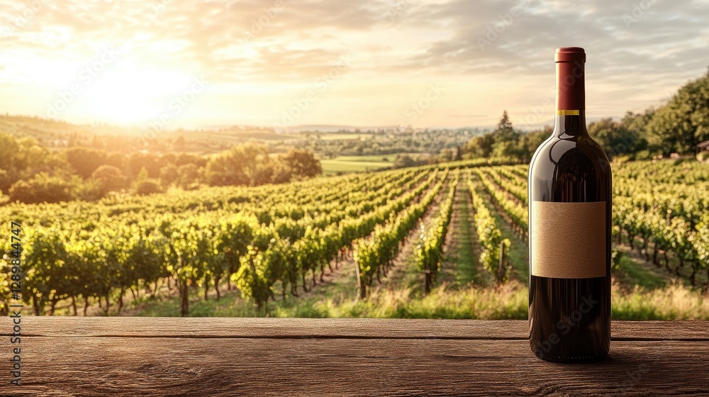Poster a mockup of a wine bottle displayed in front of a picturesque vineyard under the warm daylight, high