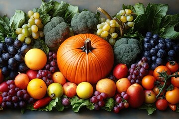 Harvesting Autumn Produce Fresh Vegetables and Fruits on a Wooden Table