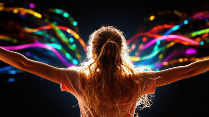 dancer expressing joy with arms outstretched, vibrant colors swirling around