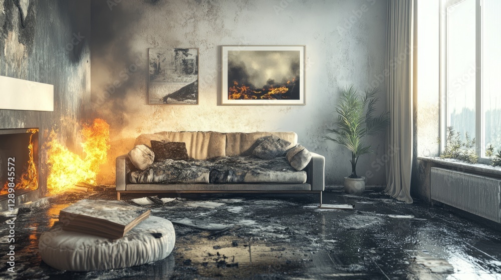 Poster a modern living room that has been dramatically altered by fire, showcasing visible damage to the fu