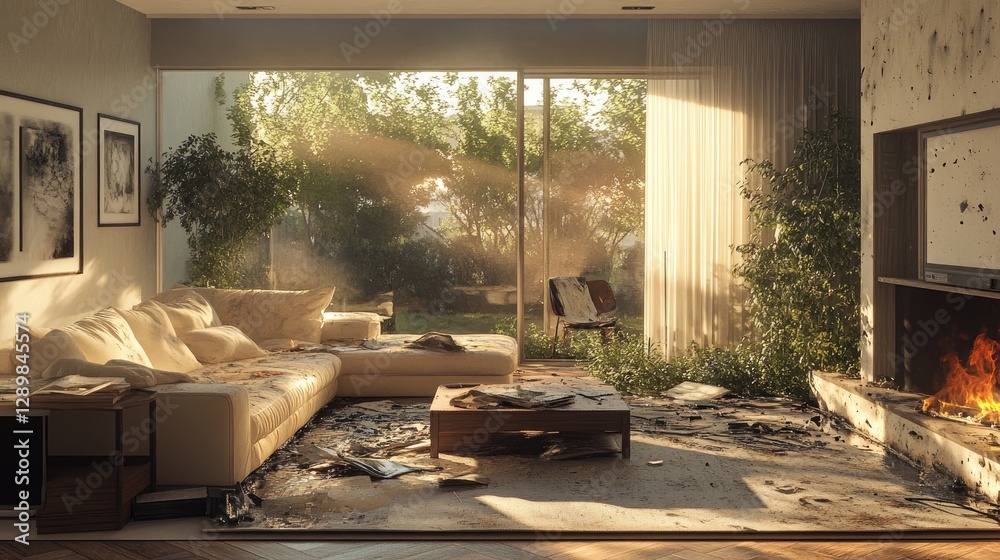 Poster a modern living room that has been dramatically altered by fire, showcasing visible damage to the fu