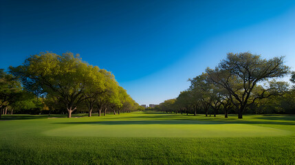 Obraz premium Lush Green Meadow with Rows of Trees Under a Bright Blue Sky
