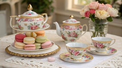 Beautifully arranged afternoon tea with macarons and floral tea service.  A sophisticated and inviting setting for a tea party or special occasion