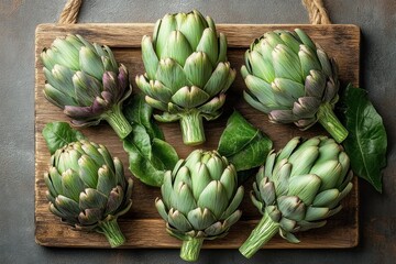 Obraz premium Fresh Organic Green Artichokes on Rustic Wooden Board in Natural Light