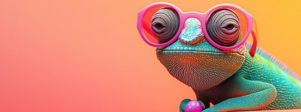 Playful Colorful Chameleon with Pink Sunglasses Blowing Bubble Gum Whimsical Animal Portrait for Print Card Poster