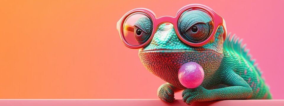 Whimsical Chameleon in Pink Sunglasses Blowing Bubble Gum - Colorful Fun Animal Portrait for Print Card Poster